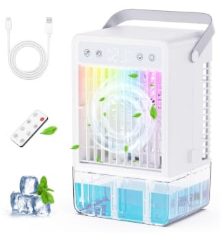 Aire Acondicionado Portatil Silencioso, Mini Enfriador de Aire 5 en 1 con Depósito de 1500ML, USB y Mando a Distancia, 5 Velocidades y 3 Modos de Uso, Temporizador 10H, Luces LED, Enfriamiento Rápido