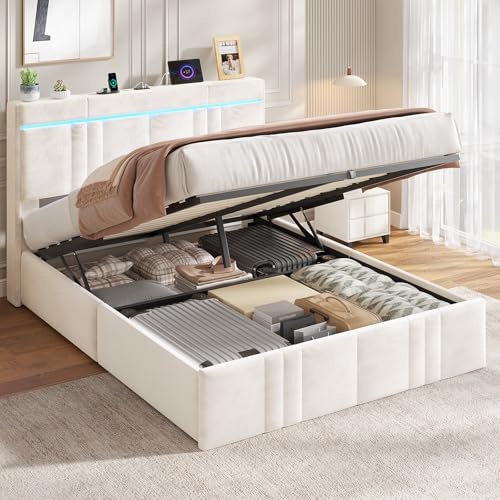 AOGLLATI Polsterbett 140×200 mit Stauraum & LED-Beleuchtung,Edler Samtstoff | Jugendbett 140×200 mit Steckdosen,30cm Hydraulischer Stauraum,Bettgestell mit Lattenrost aus Holz,Beige