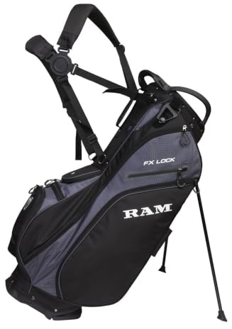 Ram Golf FX-LOCK Stand Bag with 14-Way Silent Lock-In Divider Top, 8 Pockets, Dual Strap, EVA Hip Pad & Auto-Deploy Stand — Lightweight 3.4 kg Carry Bag for Men & Women Black/Grey