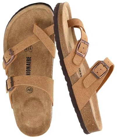 CUSHIONAIRE Luna Sandals for Women, Cork Footbed Womens Sandals for Summer Comfort with Adjustable Straps, Wide Width Available, BROWN 8.5
