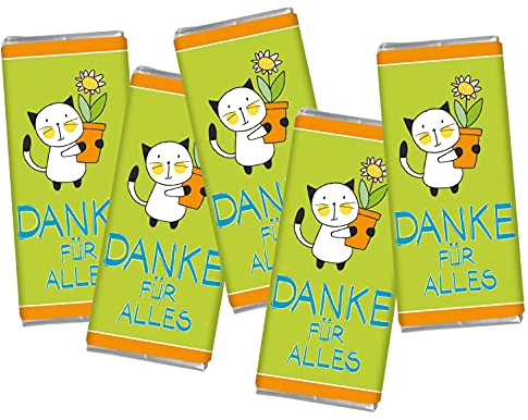 STEINBECK Danke für Alles Geschenk 5 mal Mini Schokolade Tafel 5er Set Mitbringsel Katze Dankeschön Vielen Dank