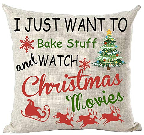 ramirar Dekorativer Kissenbezug mit Aufschrift I Just Want To Bake Stuff and Watch Christmas Movies Hirsch Bäume Glocken Schneeflocken Dekorativer Kissenbezug Kissen Home Wohnzimmer Bett Sofa Auto
