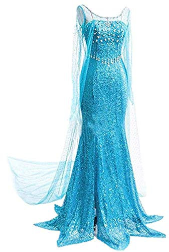 LOBTY Damen Elegante Prinzessin Kleid Bodenlang Rundausschnitt Pailletten Langes Abendkleid Weihnachten Halloween Festlich Fasching Karneval Verkleidung Cosplay S-XXL, Blau