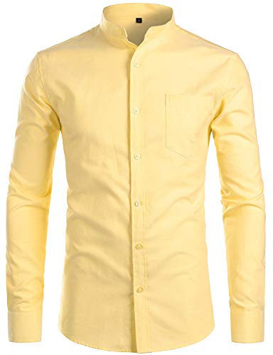 PARKLEES Mens Hipster Design Grandad Collar Oxford Shirt Slim Fit Long Sleeve Casual Button Down Dress Shirts with Pocket Yellow L