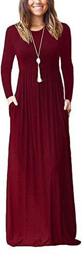 AUSELILY Women's Casual Long Sleeve Maxi Dress Loose Long Dresses with Pockets Wine Red S