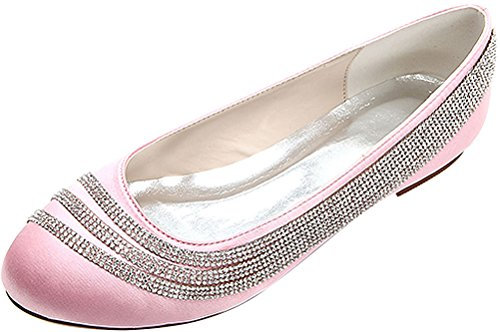 Damen Satin Flache Schuhe Dorsay Strass Hochzeit Pumps Slip On Pumps, Pink - rose - Größe: 39 EU
