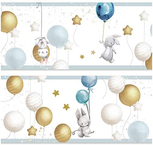 Bordüre 15cm x 200cm für Kinderzimmer Babyzimmer Dekor Aufkleber Wandbordüre selbstklebend Wandtattoo für Kinder Mädchen Junge Y033 (Hasen mit Ballons)
