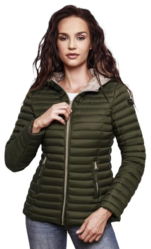 MARIKOO Damen Steppjacke Übergangsjacke gesteppte Jacke mit Kapuze Frühjahr Stepp B857 [B857-Asr-Olive-Gr.XL]