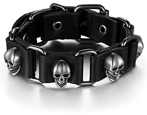 JewelryWe Schmuck Herren Armband Pik-Ass Poker Totenkopf Schädel Lederarmband Manschette Armreif Schwarz Braun Tribal Punk Geschenk