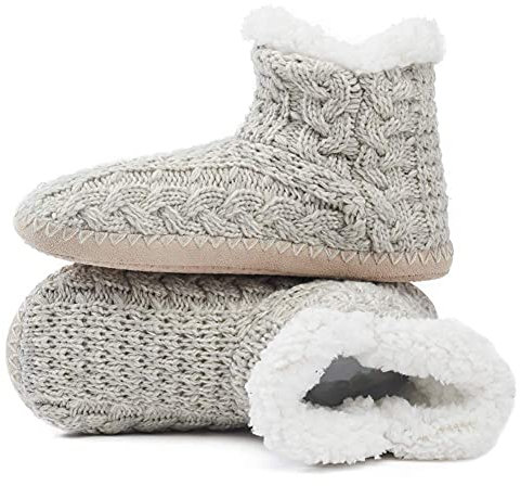 MaaMgic Damen Hausschuhe Warme Stiefel Schuhe Homeboots mit Puschel Bommeln MEHRWEG Hellgrau 2 40-41