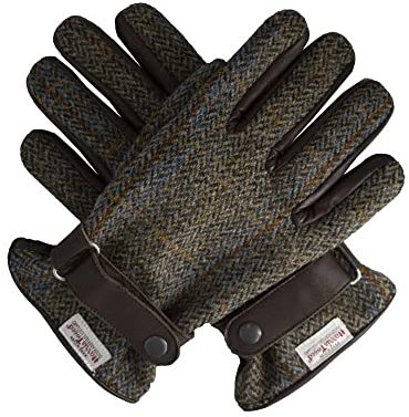 WALKER AND HAWKES Herren Handschuhe - aus schottischem Harris-Tweed & Leder - Overcheck-Tartanmuster - Clinton-Braun - L