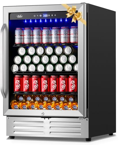 Velieta 24 Inch Beverage Refrigerator Cooler,210 Cans Wide Beverage and Beer Fridge with Glass Door and Powerful Cooling Compressor, Built-in/Freestanding Drink Fridge for Kitchen, Bar or Office
