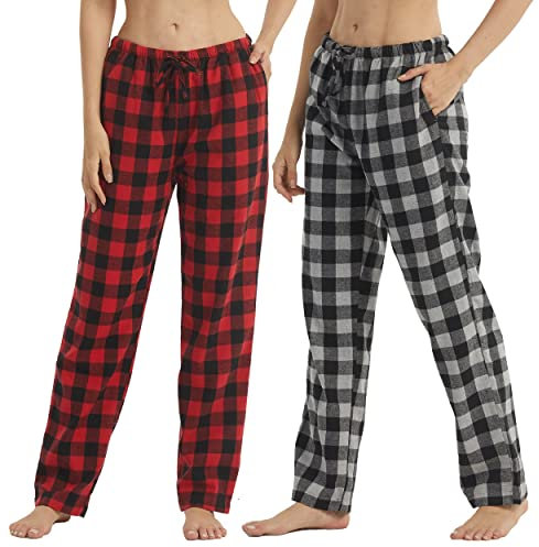 Lot de 2 Bas de Pyjama Femme en Flanelle à Carreaux Coton Ultra Doux Pantalon Pyjama Flanelle avec Poches, Gris à carreaux noirs + carreaux rouges (lot de 2), S