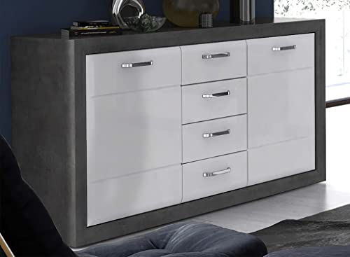 Froschkönig24 Lowell Sideboard groß Dunkelgrau/Weiß Hochglanz