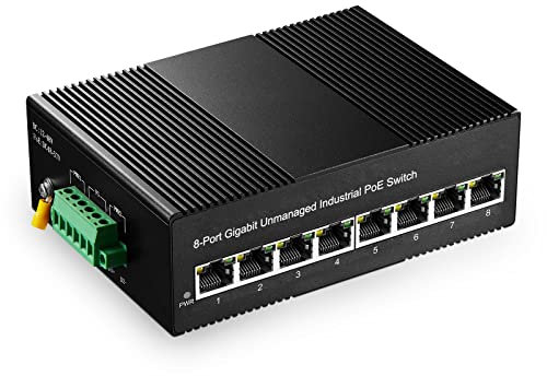 Binardat Switch Ethernet industriale PoE Gigabit a 8 porte su guida DIN, 8 PoE IEEE802.3af/at, capacità di commutazione 16 Gbps, con un alimentatore PoE da 96W