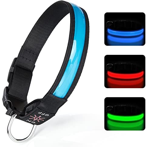 TENXSNUG Collar Luminoso Perros Recargable por USB Collar LED con 3 Modos de Iluminación para Perros Pequeños Medianos Grandes Que Caminan de Noche con Seguridad - Azul Claro - M