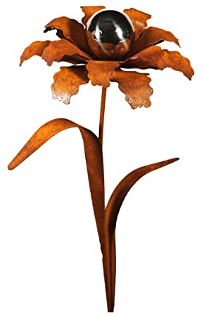 Bornhöft Gartenstecker Blume Metall Gartendeko Rost Edelrost rostiger Beetstecker 110cm Deko Rostfigur für den Garten mit Edelstahl Kugel