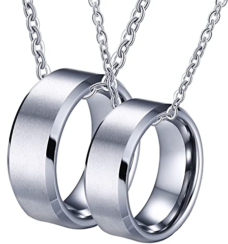 BCughia Partner Ketten mit Ring, Partner Ketten Silber Halskette Personalisiert 8 mm Großer, Gebürsteter Silberring mit Abgeschrägter Kante Halsketten