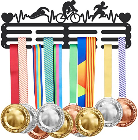 SUPERDANT Triathlon Medaillenhalter Display Aufhänger Für Heartbeat Schwarzer Stahl Metall Wandhaken Medaillenständer Präsentations Medaillenhaken Geschenke für Athleten Tragfähigkeit 10 15kg