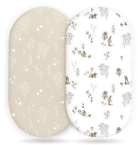 GRSSDER Stretch Ultra Soft Spannbettlaken für Stubenwagen, universelle Passform für Stubenwagen, Babywiege, Babykorb, oval, rechteckig, sicher und kuschelig, stilvolles Aquarell-Kaninchen-Muster, 2