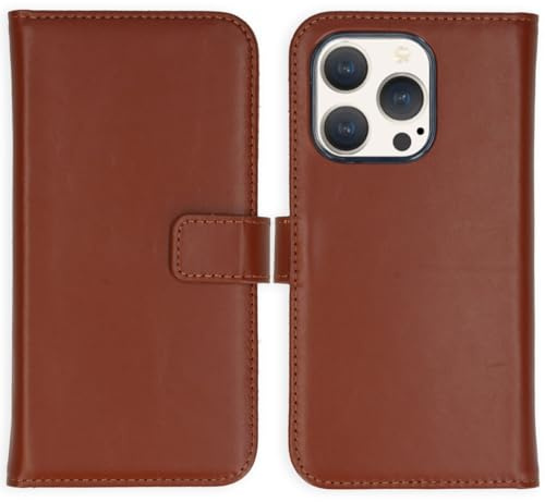 SELENCIA Bookcase Hülle kompatibel mit iPhone 15 Pro – Era Leder Handytasche Side Flip Case – Handyhülle aus Rindsleder in Hellbraun [3 Kartenfächer, Magnetverschluss]