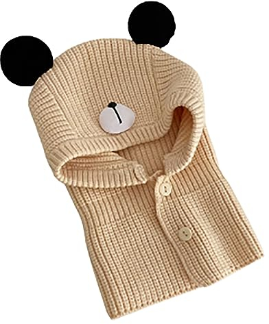 Rayson Winter Strickmütze Mädchen Junge Mütze mit Ohren Bear SchlupfmüTze Baby Baumwolle Knopf Kinder Beanie Mädchen Einfarbig(Beige,One Size)
