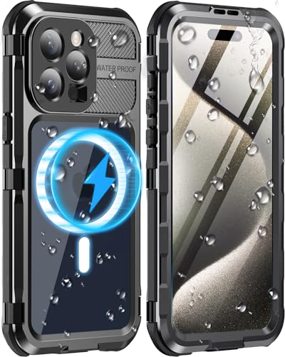 WIFORT für iPhone 15 Pro Wasserdicht Outdoor Hülle für MagSafe, Metall Stoßfest Panzerhülle Militär 360 Grad Schutzhülle mit Displayschutz,Robust Heavy Duty Handyhülle iPhone 15 Pro Case, Schwarz
