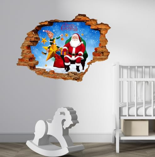 2-teilige 3d Zerbrochene Wand Elch Weihnachtsmann Wandaufkleber, Wohnzimmer, Kinderzimmer, Weihnachtsdekoration, Selbstklebende Papiertapete, 50 Bis 70cm