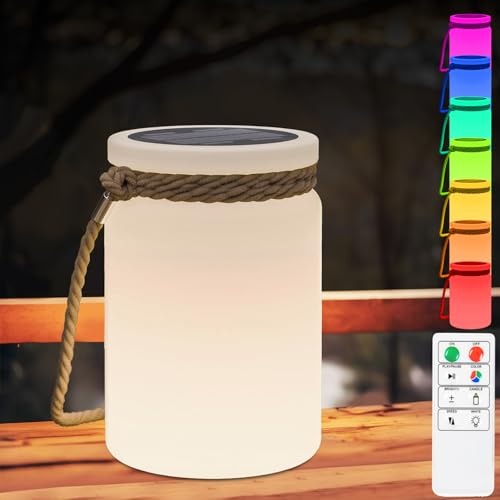 light to hope Solar Tischlampe Kabellos Outdoor Tischleuchte Fernbedienungen Dimmbar Warmweiß und RGB, Tragbare IP44 LED Solarlaterne für Innen, Außen, Garten, Terrasse, Camping, 14 x 21cm