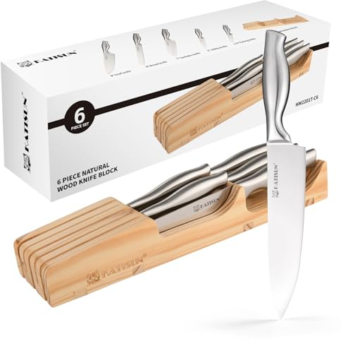KATISUN Kombischublade Messeraufbewahrung, 6-teiliges Küchenmesserset, Japanischer Stahl 420j2 Messerset ,Edelstahl Kochmesser Set mit Holzblock