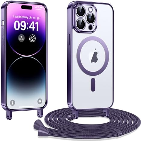 Kokio Handykette Hülle für iPhone 14 Pro Max mit Band, Magnetische Transparent Handyhülle Kompatibel mit MagSafe, Kratzfeste Stossfest Schutzhülle mit Einstellbar Kette, Lila
