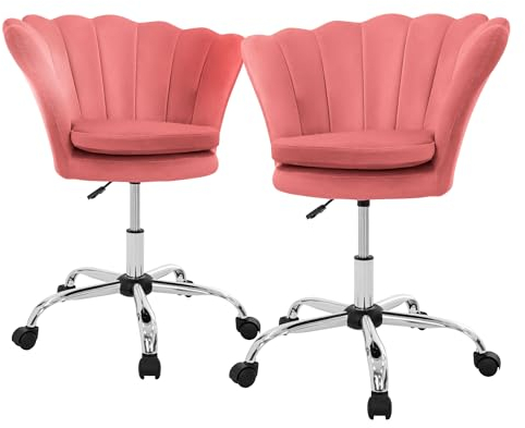 ML-Design Bürostuhl 2er Set aus Samt, Rosa, Polsterstuhl mit Rückenlehne, höhenverstellbar, 360° Drehstuhl 5 Rollen, Metallgestell, Muschel-Sessel gepolstert, Ergonomischer Büro-Schreibtischstuhl
