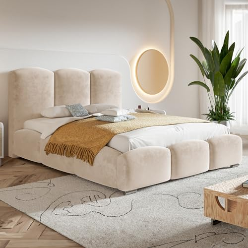 MOTIVENA Hilton Bubble Bett 140x200, Polsterbett 140x200, mit Bettkasten, mit Stauraum, mit Lattenrost, mit Kopfteil, ohne Matratze, Bett Samt, Beige Creme