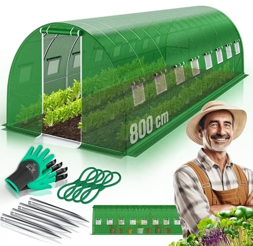 KESSER® Serra stabile con 16 finestre con zanzariera e porta, tunnel da giardino con telaio in acciaio zincato, 170 g/m², con guanti e corde, 800 x 300 cm, verde