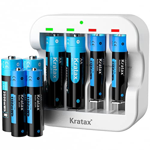 Rechargeable AA & AAA Lithium 1.5V Batteries - 3500mWh Doubla A &1100mWh Triple A for Household Office Devices, Long-Lasting High-Capacity, 1500Cycle,Constant Output (4AAA+4AA+White Q022 Charger)