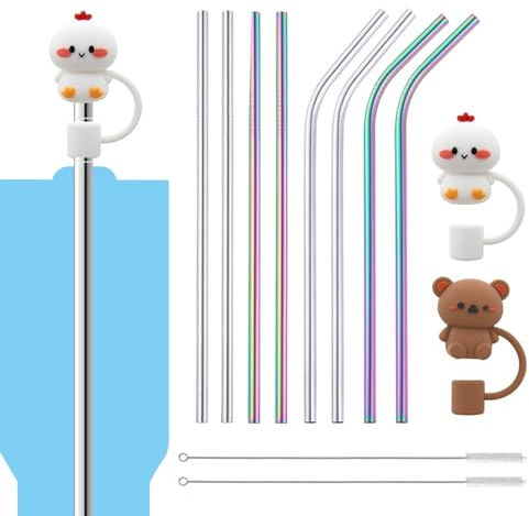 JurciCat Kit de 8pcs Paille inox Acier Inoxydable (4 droites et 4 courbées), Paille reutilisable metal longueur 30cm avec 2 Brosses de nettoyage 2 Couvercles en paille anti-poussière Paille en inox