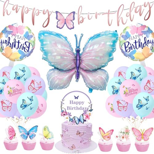 Schmetterling Geburtstag Deko, Schmetterling Thema Geburtstag Party Zubehör Mit Happy Birthday Banner Set, Kuchen Toppers und Ballons für Schmetterling Deko Kindergeburtstag Babyparty