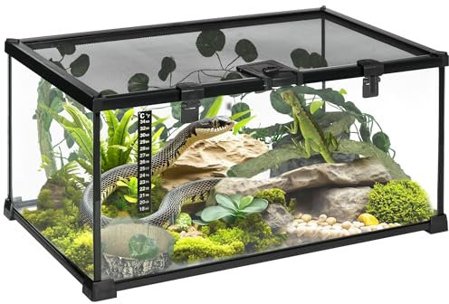 PawHut Boîte à Reptiles boîte d'élevage de Reptiles Habitat de Terrarium Transparent Couvercle Coulissant Treillis métallique Distributeur d'eau thermomètre Inclus Verre métal 50x30x25 cm Transparent