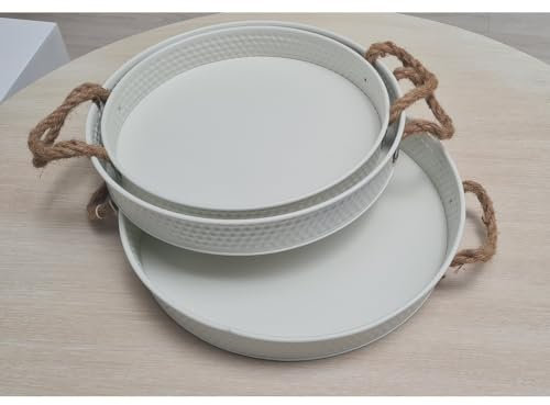 VEA SRL Set 3 Vassoio portaoggetti decorativo Bianco, Vassoio decorativo shabby chic in metallo con manici in corda, Vassoio rotondo centrotavola Country (FIL 61108 bianco)