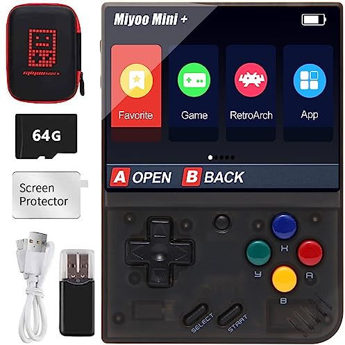 Miyo Mini Plus - Consola de juegos de mano retro, tarjeta TF de 64 G integrada, 7000 juegos clásicos, pantalla IPS de 3,5 pulgadas, compatible con WiFi, con funda (negro, 64 G)