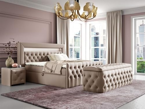 Fun Möbel Boxspringbett Schlafzimmerbett Ernesto Nr.4 inkl. Polsterhocker und 2 x Nachttisch (Beige, 120x200cm)