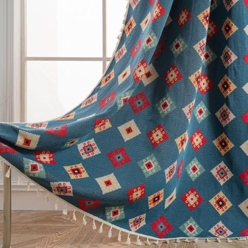 USTIDE Vintage-Vorhang im Ethno-Stil, Boho-Vorhang, blaues Abzeichen, Bauernhaus, geometrischer Jacquard-Vorhang, halbverdunkelnd, Quasten, Baumwollvorhang, 1 Paneel für Schlafzimmer, Wohnzimmer, 150