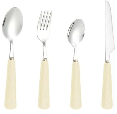 Light Luxury Cute Ceramic Cheese Handle Kitchen Stainless Steel Silverware Tableware Flatware Cutlery Set Steak Knife Fork Spoon Teaspoon (White,4 pieces)