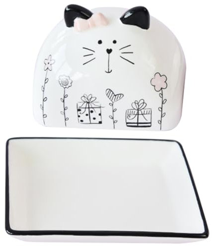 KICHOUSE Ceramic Butter Dish Lid Cat Pattern Butter Holder Porcelain Household for Countertop Storage