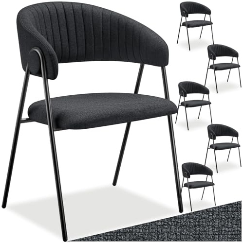 tectake® Armlehnstuhl 6er Set, stylische Esszimmerstühle mit pflegeleichtem Webstoff, C-förmige Rückenlehne mit Steppmuster, Esstisch Stühle mit bequemer Polsterung, Esszimmerstuhl - schwarz