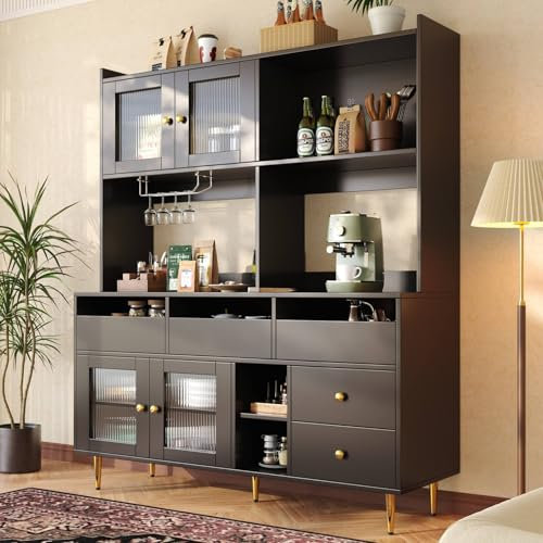 PUGSDRLY Buffet de Cuisine Armoire avec Porte en Verre - Meuble Vaisselier pour Salon et Salle à Manger - Espace de Rangement Multicouche (145x39x171cm, Noir)
