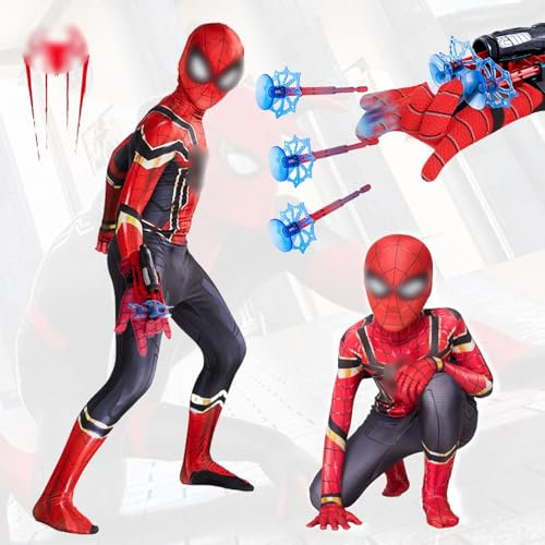 Pianocean Spider Kostüm Kinder, Kinder Spider Anzug Bodysuit, 3D Anime Spider Suit mit Spinnennetz Werfer & Spidermaske, Spider Cosplay Kostüme