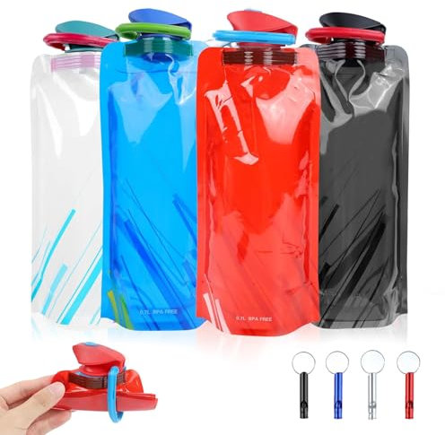 ROTKUSZ 4 Piezas Botella Plegable 700ML Botella Agua Plegable Sin BPA Reutilizable Botella de Agua Plegable para Senderismo, Viajes, Aventuras (Con 4 Silbato)