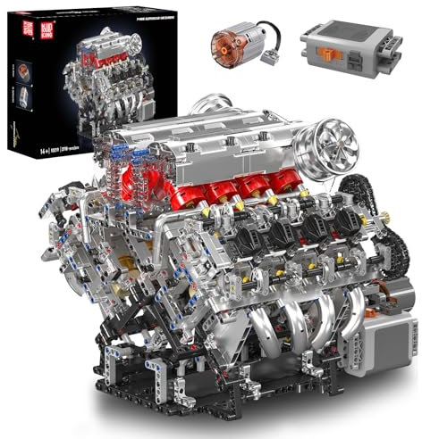 Mould King 10219 V8 Engine Building Blocks Set, Combustion Engine Model That Runs, Mini Twin-Turbo Engine Build Kit for Adults with Battery, Engineering Construction STEM Toy