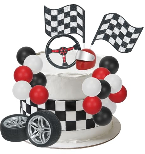 Tortendeko Auto 21 Stück Kuchendeko Auto Torten Deko Kugeln Rennwagen Helm Lenkrad Räder Karierte Flagge Kuchendekoration für Geburtstag, Babyshower, Theme Party (Rot)